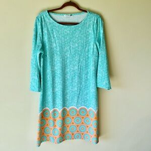 Cabana Life 3/4 Sleeve Sheath Dress - Large -‎ Turquois, White, Orange - NWOT
